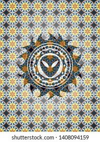 alien icon inside arabic badge background. Arabesque decoration.
