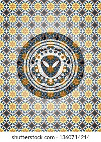 alien icon inside arabic style badge. Arabesque decoration.