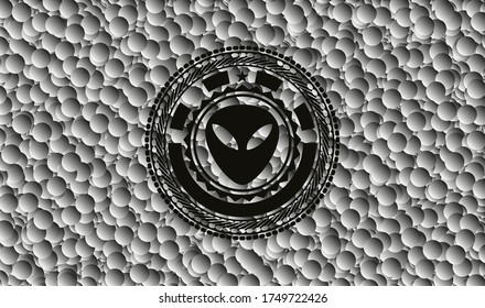 alien icon inside black badge with bubbles background. Vector Illustration. Detailed. 
