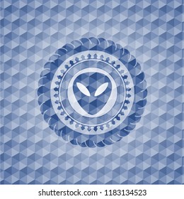 alien icon inside blue emblem or badge with abstract geometric pattern background.
