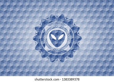 alien icon inside blue emblem or badge with geometric pattern background.