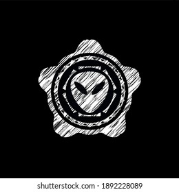alien icon inside chalkboard emblem on black board. 