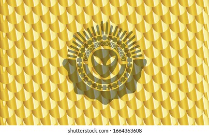 alien icon inside gold badge or emblem. Scales pattern. Vector Illustration. Detailed.