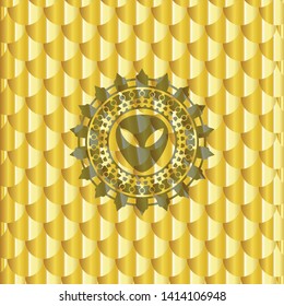alien icon inside gold shiny badge. Scales pattern. Vector Illustration. Detailed.