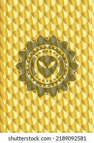 alien icon inside gold shiny emblem. Scales pattern. Vector Illustration. Detailed. 
