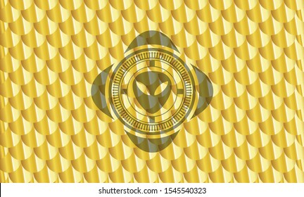 alien icon inside golden badge or emblem. Scales pattern. Vector Illustration. Detailed.