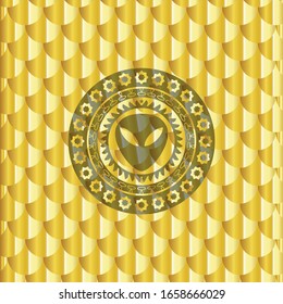 alien icon inside golden badge. Scales pattern. Vector Illustration. Detailed.