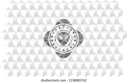 alien icon inside grey emblem with cube white background