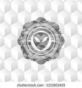 alien icon inside grey emblem. Retro with geometric cube white background