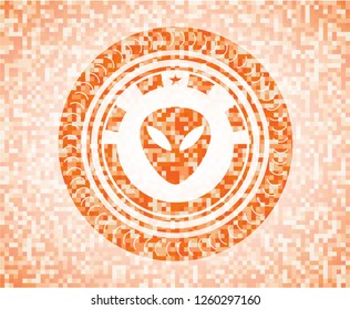 alien icon inside orange tile background illustration. Square geometric mosaic seamless pattern with emblem inside.
