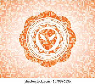alien icon inside orange tile background illustration. Square geometric mosaic seamless pattern with emblem inside.