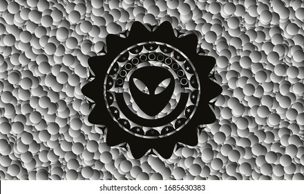 alien icon inside realistic dark emblem with grey bubbles background. Vector Illustration. Detailed.
