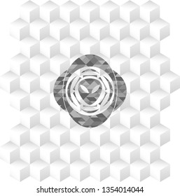 alien icon inside realistic grey emblem with geometric cube white background