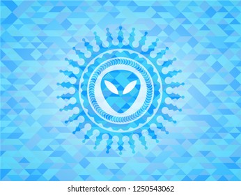 alien icon inside realistic light blue emblem. Mosaic background