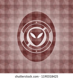 alien icon inside red emblem or badge with geometric pattern background. Seamless.