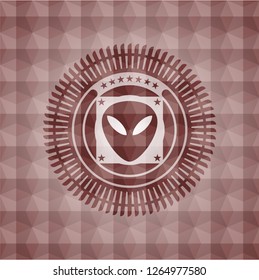 alien icon inside red emblem or badge with abstract geometric polygonal pattern background. Seamless.