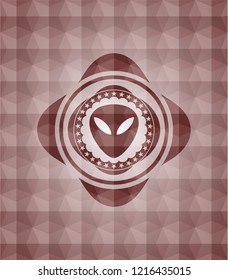 alien icon inside red seamless emblem with geometric pattern.