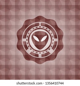 alien icon inside red seamless badge with geometric pattern.