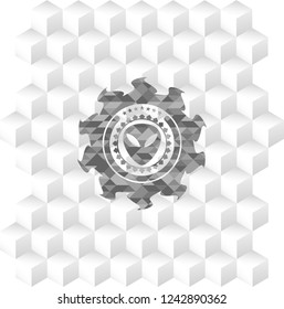 alien icon inside retro style grey emblem with geometric cube white background