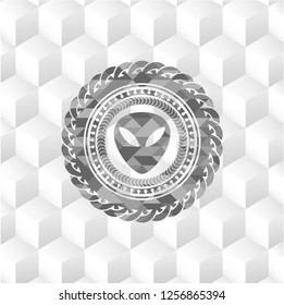 alien icon inside retro style grey emblem with geometric cube white background