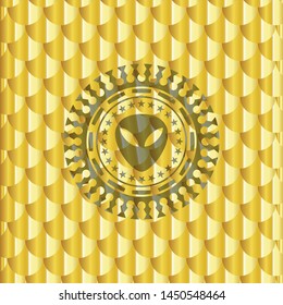 alien icon inside shiny golden badge. Scales pattern. Vector Illustration. Detailed.