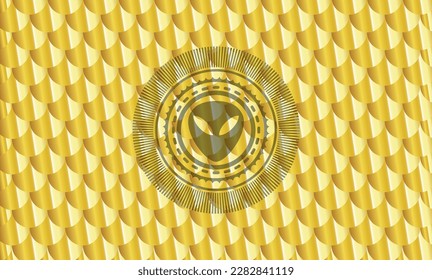 alien icon inside shiny golden emblem. Scales pattern. Vector Illustration. Detailed. 