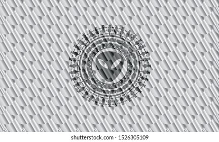 alien icon inside silver emblem or badge. Scales pattern. Vector Illustration. Detailed.