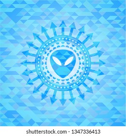 alien icon inside sky blue emblem with mosaic background