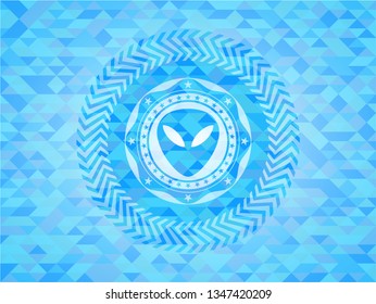 alien icon inside sky blue emblem. Mosaic background