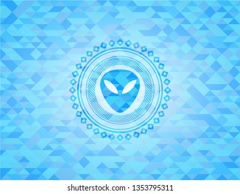 alien icon inside sky blue emblem with triangle mosaic background