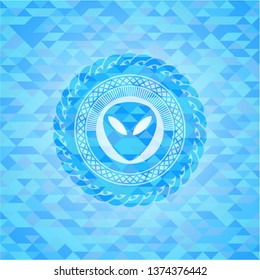 alien icon inside sky blue emblem with mosaic ecological style background