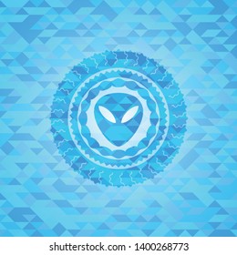 alien icon inside sky blue emblem with triangle mosaic background