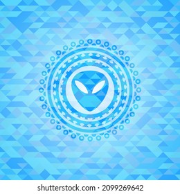 alien icon inside sky blue emblem with mosaic ecological style background. 