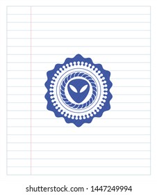 alien icon pen draw. Blue ink. Vector Illustration. Detailed.