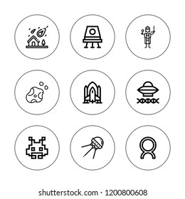 Alien icon set. collection of 9 outline alien icons with ancient aliens, asteroid, comet, fictional character, meteor, space capsule, space invaders icons. editable icons.