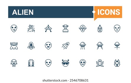 Alien icon set. Contains such icons as alien life, sci-fi, ufo, exploration mission, satellite, universe, alien visitor and more. Modern thin icons. Outline and solid pictogram.