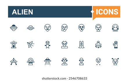 Alien-Symbolsatz. Enthält Symbole wie außerirdisches Leben, Science-Fiction, Ufo, Erkundungsmission, Satellit, Universum, außerirdischer Besucher und mehr. Moderne dünne Symbole. Kontur und Piktogramm.