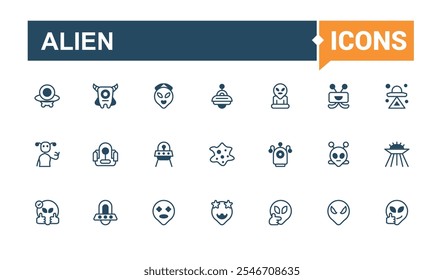 Alien-Symbolsatz. Enthält Symbole wie außerirdisches Leben, Science-Fiction, Ufo, Erkundungsmission, Satellit, Universum, außerirdischer Besucher und mehr. Moderne dünne Symbole. Kontur und Piktogramm.