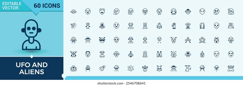 Alien icon set. Featuring science, alien life, aliens, satellite, sci-fi, ufo, exploration mission, astrobiology. Perfect for logos and infographics. Vector outline and solid icons collection.