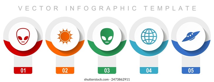 Alien icon set, miscellaneous vector icons such as star, ufo, space ship and globe, modern design infographic template, web buttons in 5 color options