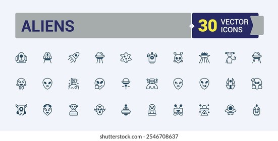 Alien icon set. Related to astrobiology, universe, alien life, aliens, sci-fi, ufo and more. Minimal linear icons. Vector outline and solid icons collection.