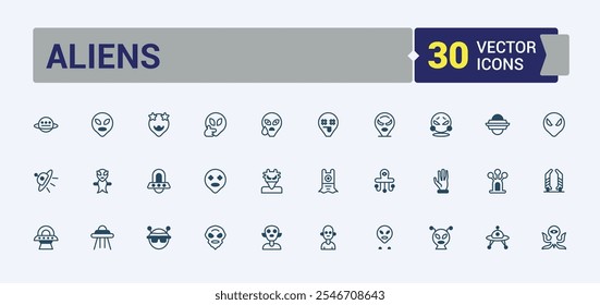 Alien icon set. Related to astrobiology, universe, alien life, aliens, sci-fi, ufo and more. Minimal linear icons. Vector outline and solid icons collection.