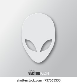 Alien icon in white style with shadow isolated on grey background. For your design, logo. Vector illustration.