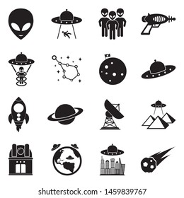 Alien Icons. Black Flat Design. Vector Illustration.