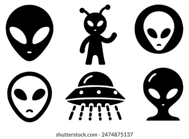 Alien Icons, Ideal for Sci-Fi and Extraterrestrial Themes - Flat Vector Illustration