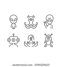 Alien icons. Minimalistic alien and robot icons set with unique extraterrestrial design. UFO, alien waving, Saturn, alien spaceship, Ray gun. Design signs for web page. Vector illustration.