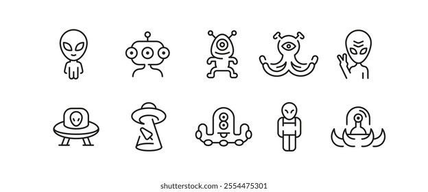 Alien icons. Set of 10 Alien trendy minimal icons. Example: UFO, alien waving, Saturn, alien spaceship, Ray gun. Design signs for web page, mobile app, packaging design. Vector illustration.