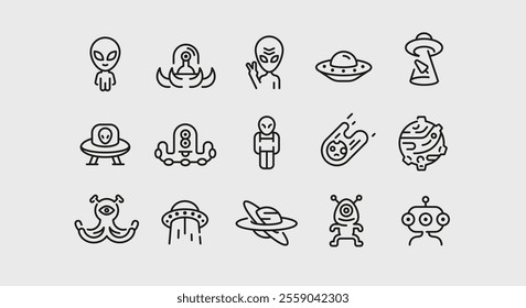 Alien icons. Set of 15 Alien trendy minimal icons. Example: UFO, alien waving, Saturn, alien spaceship, Ray gun. Design signs for web page, mobile app, packaging design. Vector illustration.