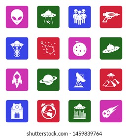 Alien Icons. White Flat Design In Square. Vector Illustration.
