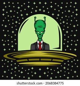Alien illustration design wearing office coat with ufo